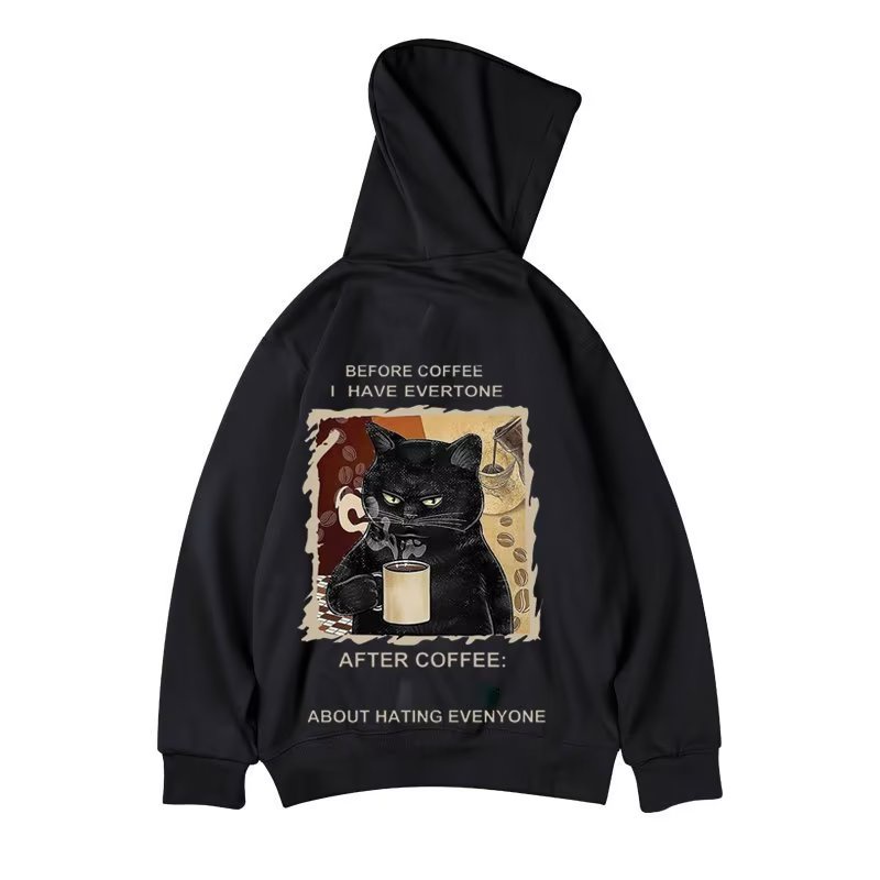 Áo hoodie dáng rộng thời trang cho nam size M-8XL Tay Dài Dáng Rộng In Hình Mèo Đen Hoạt Hình Phong Cách Mỹ Thời Trang unisex Nam Nữ