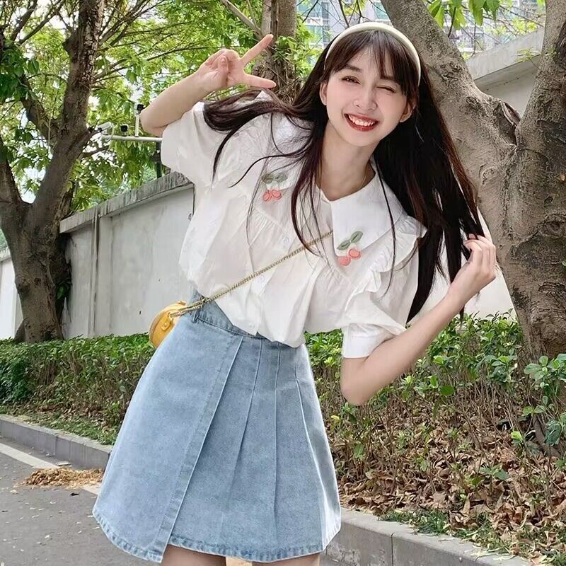 Áo Sơ Mi Tay Ngắn Dáng Rộng Cổ Búp Bê Thiết Kế Độc Đáo Thời Trang Cho Nữ