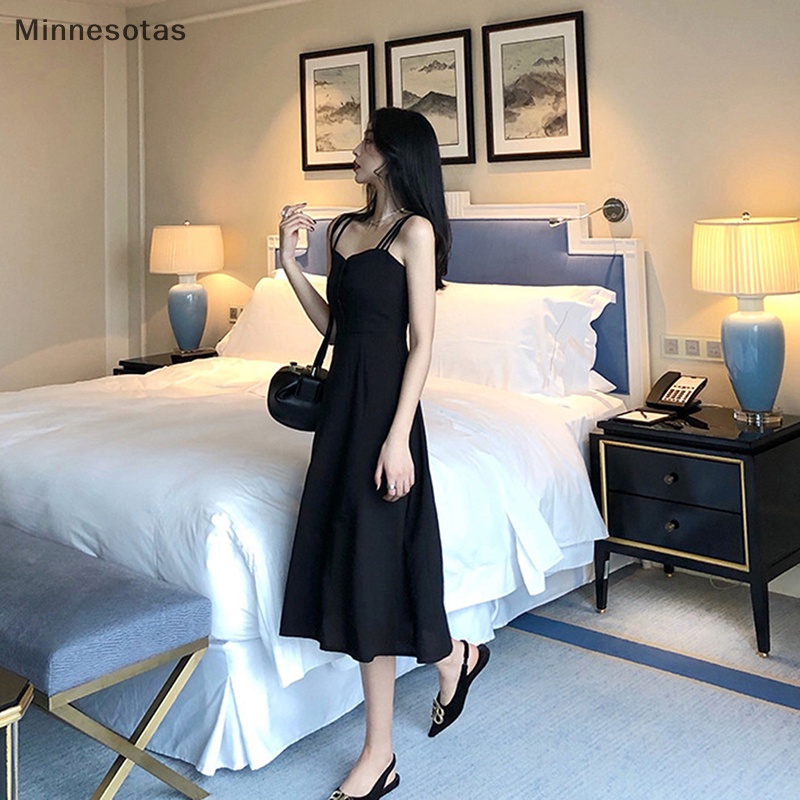 Đầm Hai Dây Dáng Chữ a Màu Trơn Hở Lưng Thời Trang Mùa Hè Hàn Quốc Quyến Rũ Cho Nữ