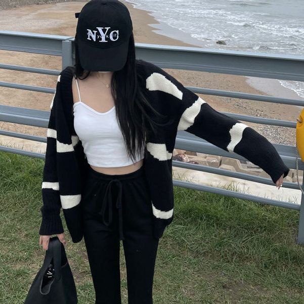 Áo Khoác Cardigan Dáng Rộng Họa Tiết Kẻ Sọc Thời Trang Cho Nữ