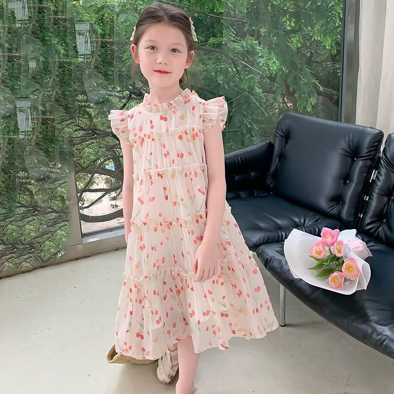 Đầm Hoa Cổ Ren Xếp Tầng Phong Cách Mới Mùa Hè Cho Bé Gái