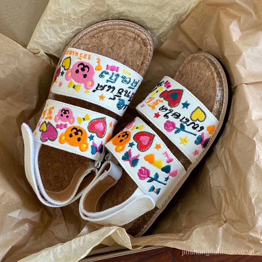 Giày Sandal Vải Lanh Đế Thấp Hở Ngón Thêu Họa Tiết Hoạt Hình Phong Cách Nhật Bản