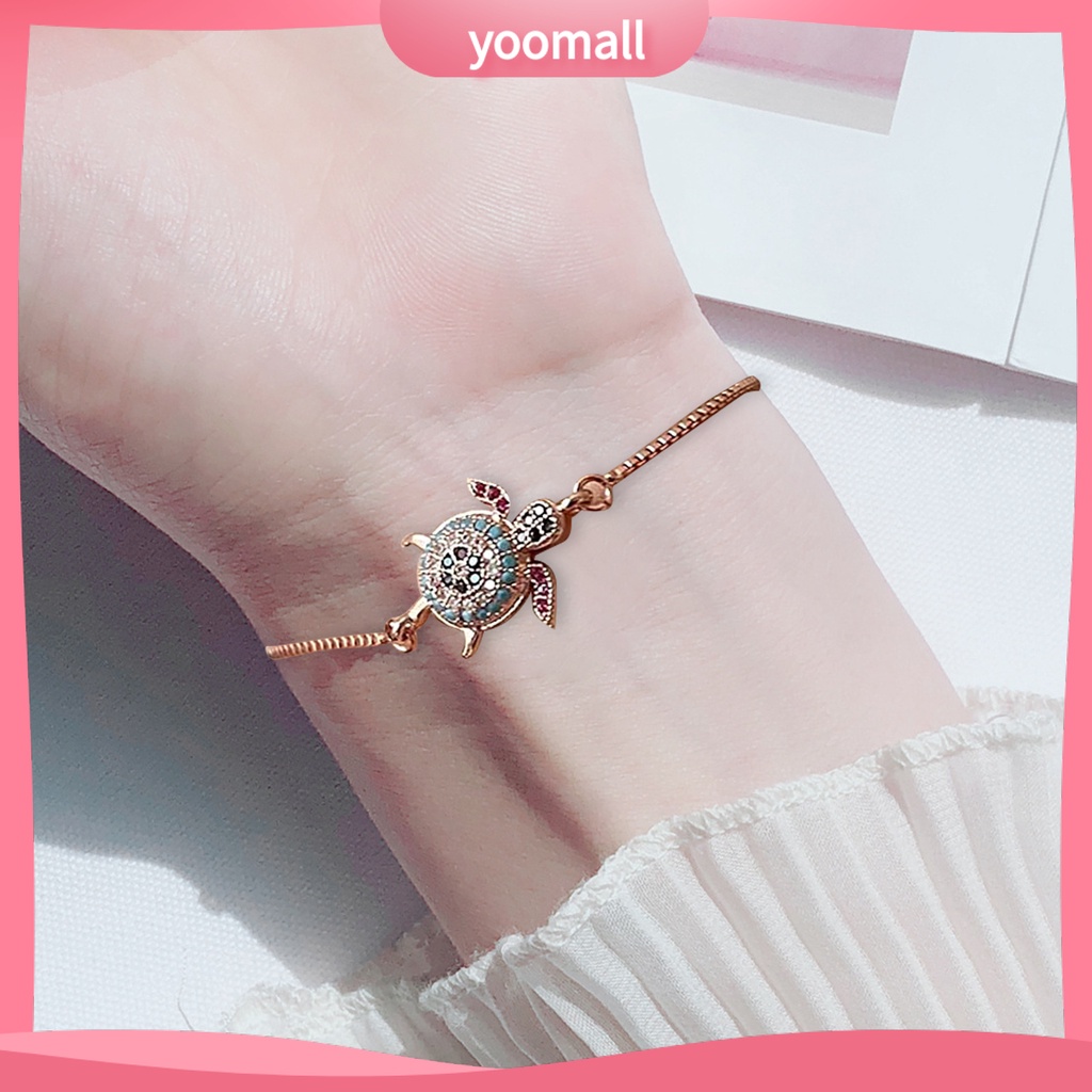 [YM] Vòng Tay Rùa Biển Đính Đá Nhiều Màu Sắc Lấp Lánh Có Thể Điều Chỉnh Trang Sức Hình Học Cho Nữ