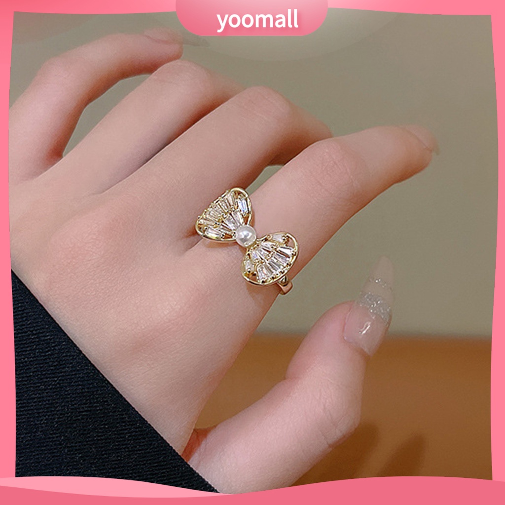 [YM] Nhẫn Đeo Ngón Trỏ Hình Nơ Rỗng Đính Đá Zircon Trọng Lượng Nhẹ Có Thể Điều Chỉnh Trang Sức Cho Nữ