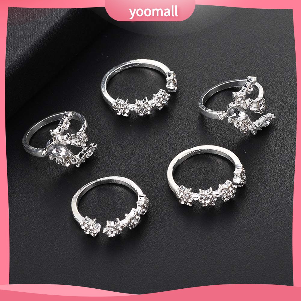 Bộ 5 Nhẫn Thời Trang Đính Đá Hình Trăng Sao Cho Nữ