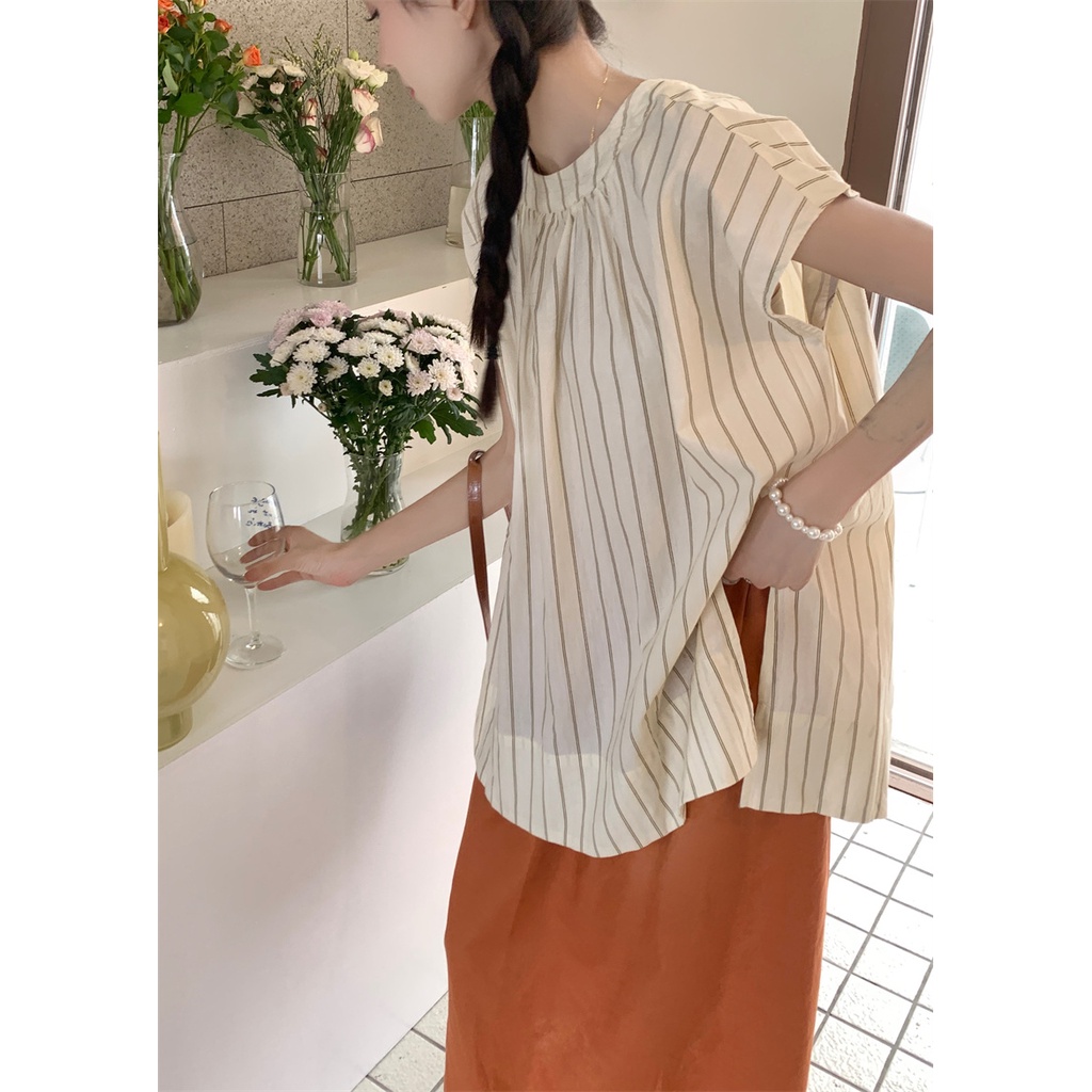Set Áo Thun Ngắn Tay Kẻ Sọc Phối Chân Váy Dài Suông Thời Trang Mùa Hè Cho Nữ