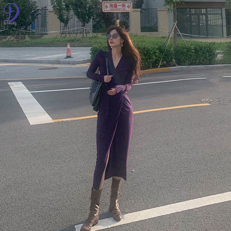 Đầm Tím Tay Dài Phối Cà Vạt Co Giãn Tốt Thiết Kế Trang Nhã Cho