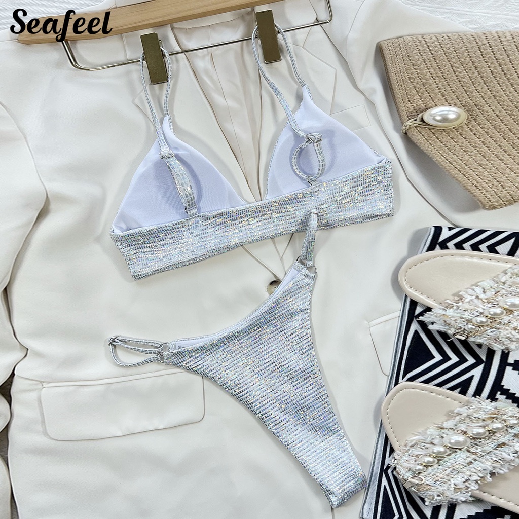 Bộ Bikini Hai Mảnh Có Dây Điều Chỉnh Màu Sắc Lấp Lánh Cho Nữ