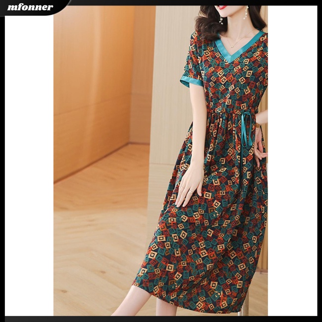 Đầm Midi Tay Ngắn Cổ Chữ V Eo Cao Màu Sắc Tương Phản Thanh Lịch Dành Cho Nữ