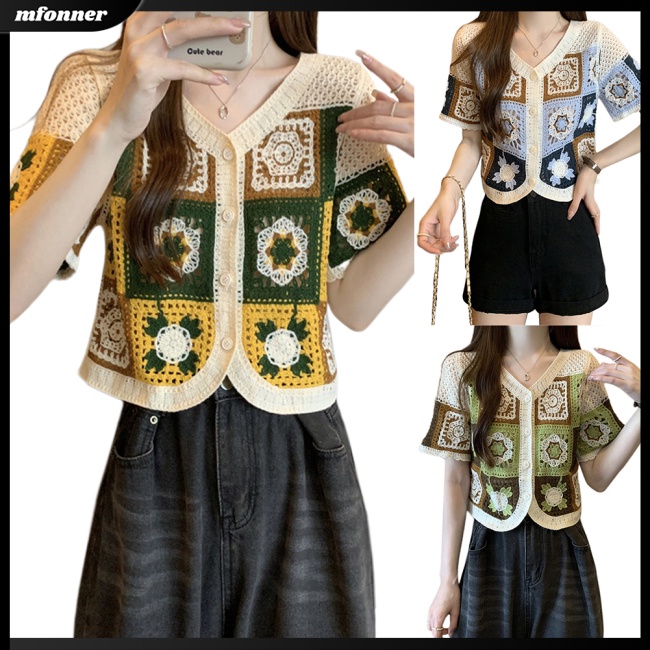 Áo Dệt Kim Tay Ngắn Màu Sắc Tương Phản Phong Cách Retro Dành Cho Nữ