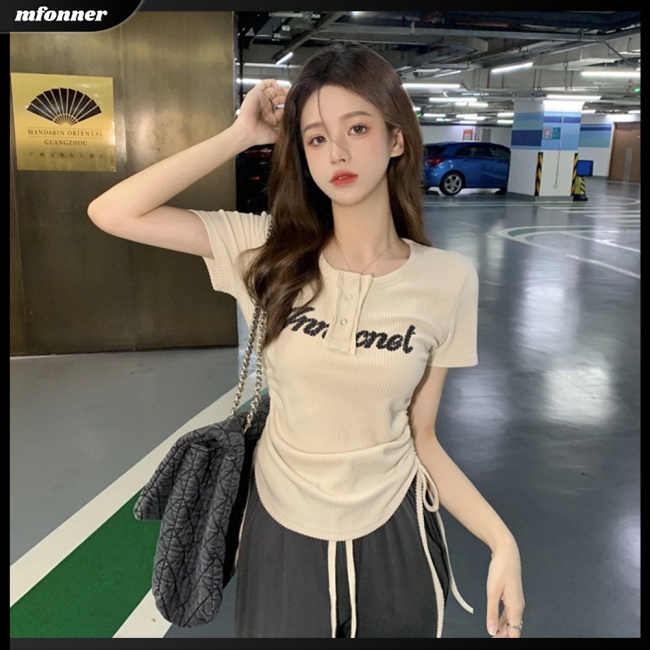 Áo Thun Tay Ngắn Cổ Tròn Phối Dây Rút Thời Trang Mùa Hè Quyến Rũ Cho Nữ