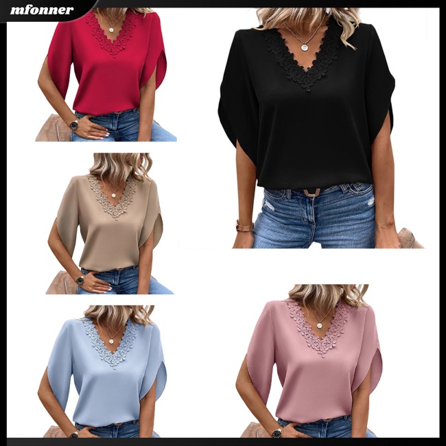 Áo Sơ Mi Nữ Tay Dài Ống Loe Cổ Chữ V Màu Sắc Thanh Lịch