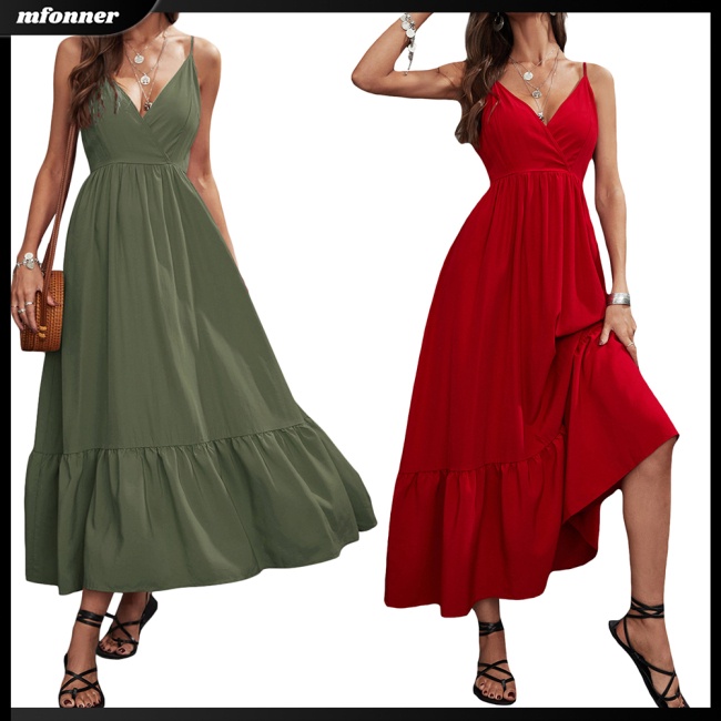 Đầm Dài Hai Dây Dáng Chữ A Lưng Cao Màu Sắc Đơn Giản Thời Trang Mùa Hè Cho Nữ
