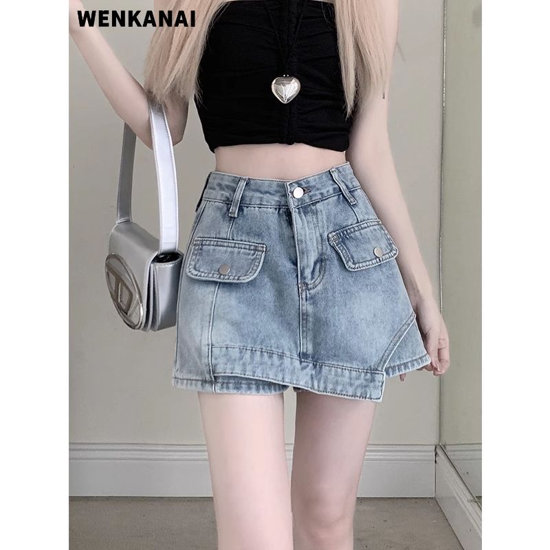 Chân Váy Denim Mỏng Lưng Cao Dáng Ôm Thiết Kế Bất Đối Xứng Cỡ Lớn Thời Trang Cá Tính Cho Nữ