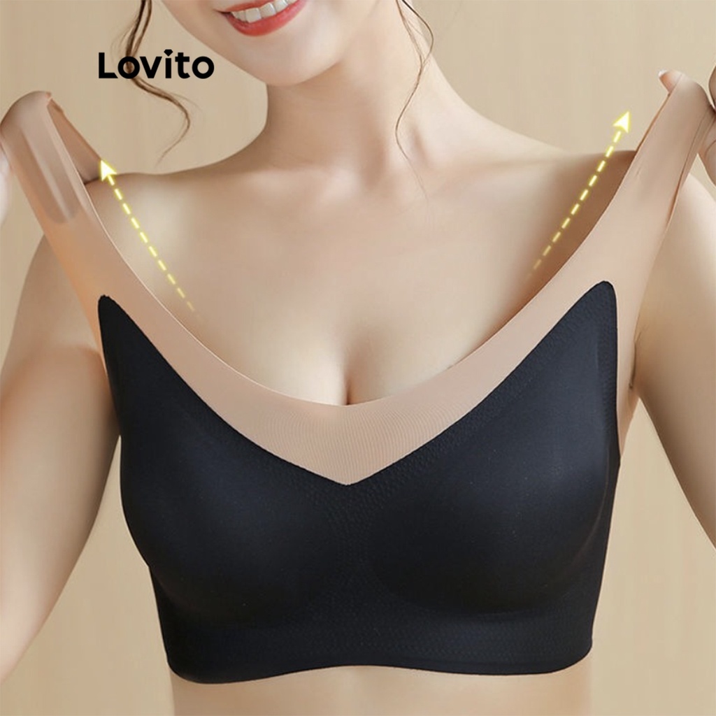 Lovito Áo bralette màu trơn đơn giản thu thập sốc cho nữ LNA15002 (Mơ/Đen)