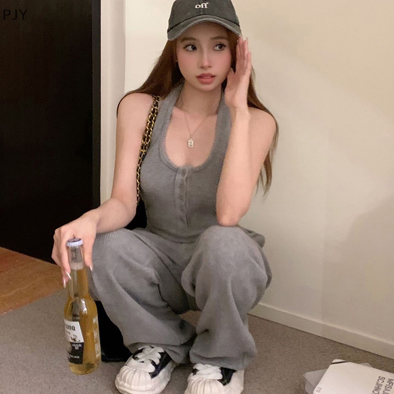 Set Đồ Thể Thao Hai Mảnh Gồm Áo Hai Dây Màu Xám Và Quần Dài Ống Rộng Mẫu Mới 2023 Thời Trang Mùa Hè Cho Nữ PJ