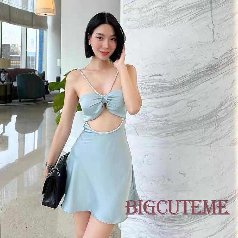 [] - Đầm Mini Hai Dây Cổ Chữ V Màu Trơn Sáng Bóng Mùa Hè Dành Cho Nữ
