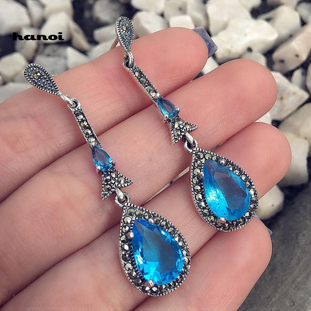 Khuyên Tai Kim Loại Hình Giọt Nước Đính Đá Vintage Cho Nữ