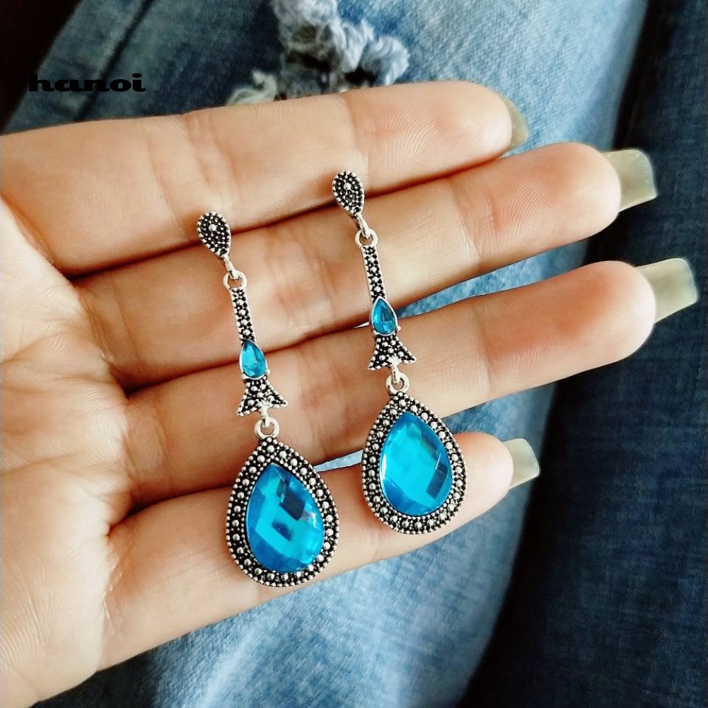 Khuyên Tai Kim Loại Hình Giọt Nước Đính Đá Vintage Cho Nữ