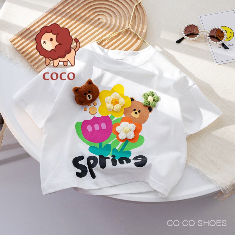 Áo Thun Tay Ngắn In Hình Gấu Và Hoa Dễ Thương Thời Trang Mùa Hè Cho Bé Gái