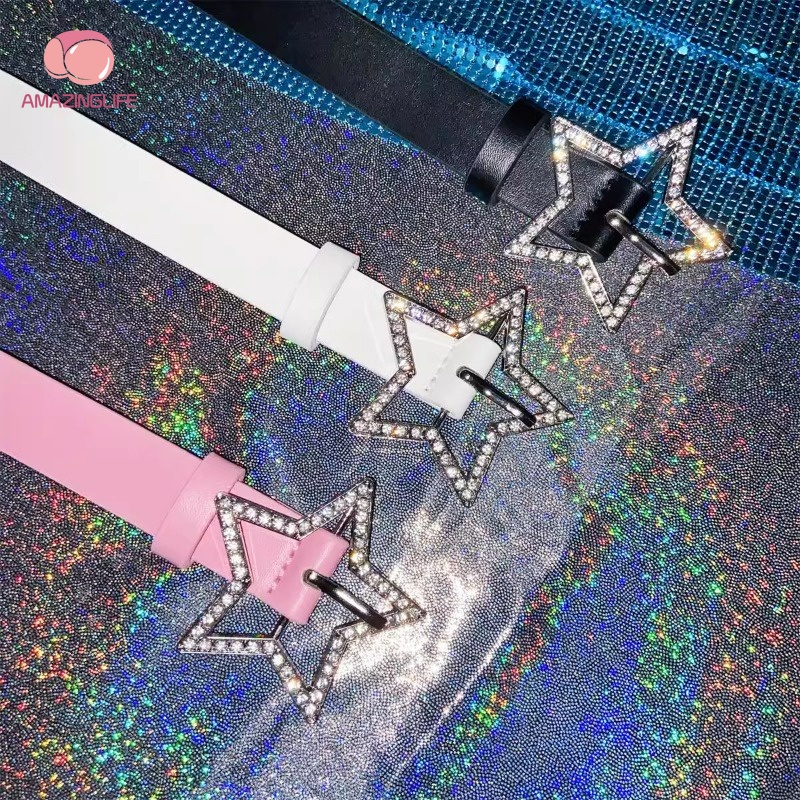 Thắt Lưng Da PU Màu Hồng Đính Đá Hình Ngôi Sao Năm Cánh Thời Trang Có Thể Điều Chỉnh