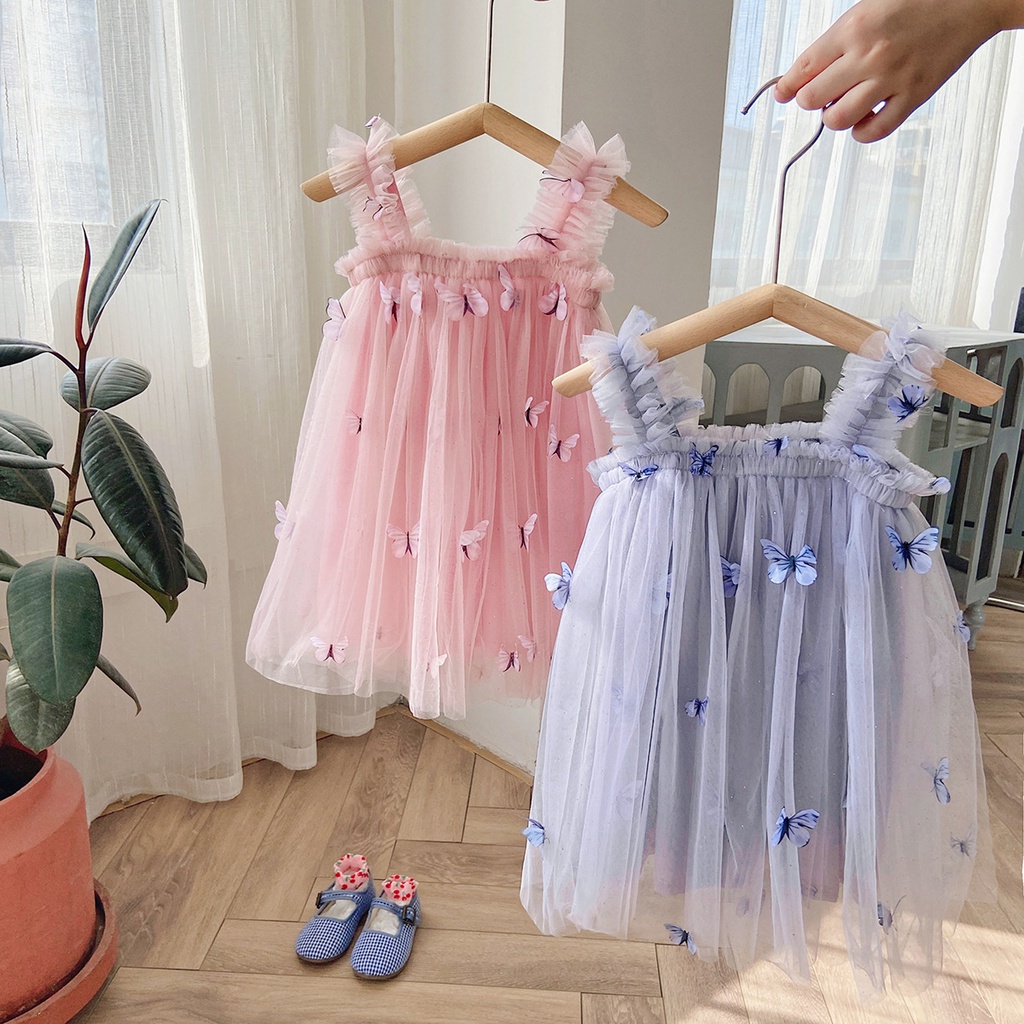 Đầm Lưới Hai Dây In Họa Tiết Bươm Bướm Thời Trang Mùa Hè Xinh Xắn Cho Bé Gái 2-7 Tuổi 9-12 Tháng Tuổi
