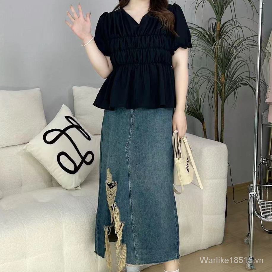 Áo Sơ Mi Denim Tay Ngắn Cổ Chữ V Xếp Ly Ôm Dáng Thời Trang Mùa Hè 2023