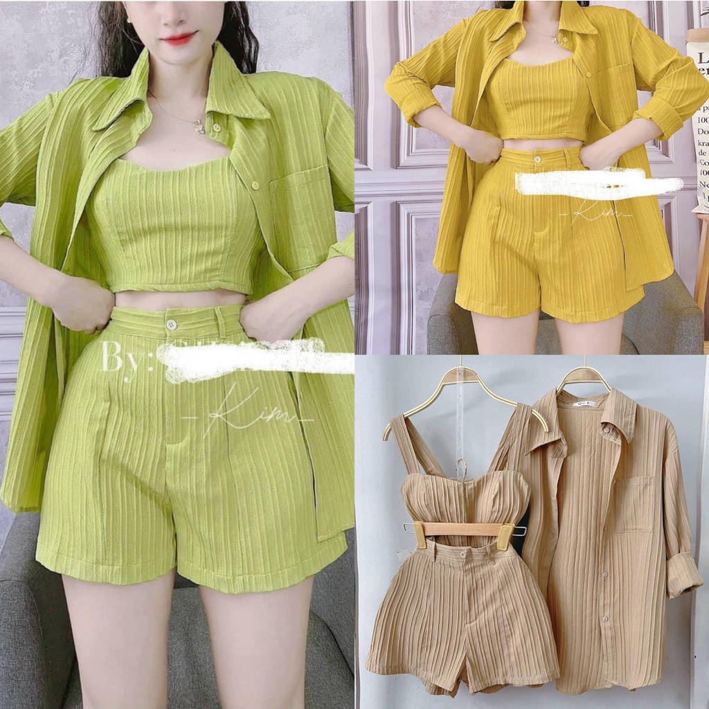 Sét bộ nữ 3 món quần cộc kèm áo dịu dàng thanh lịch thời trang nữ đi chơi phố đi biển