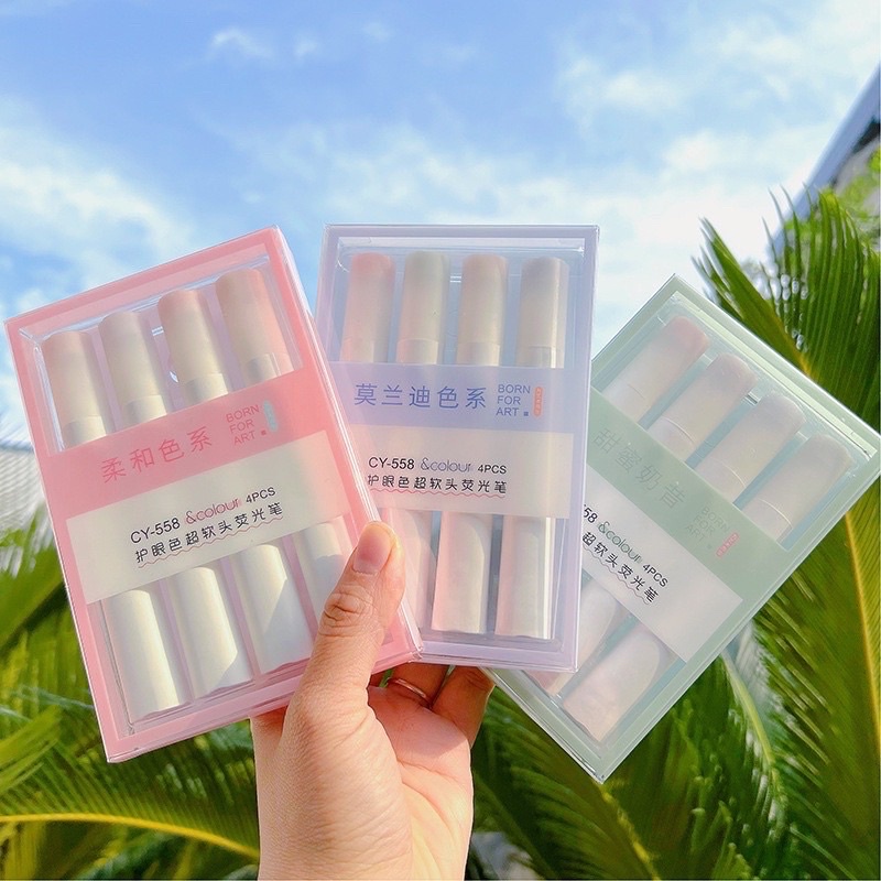 Set 4 Bút Dạ Quang Màu Pastel đánh dấu ghi chú Highlight marker dễ thương Gấu Mon