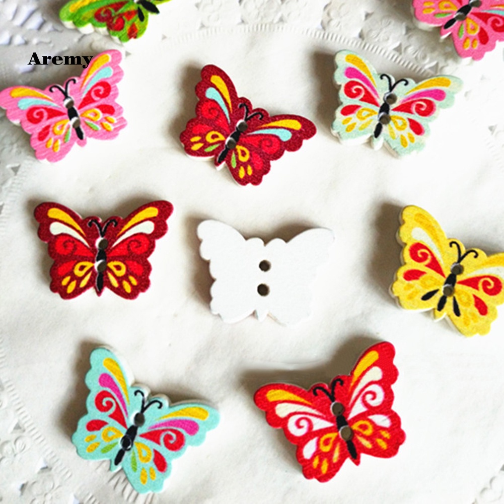 Set 50 Nút Gỗ 2 Lỗ Hình Bươm Bướm Nhiều Màu Trang Trí Quần Áo DIY