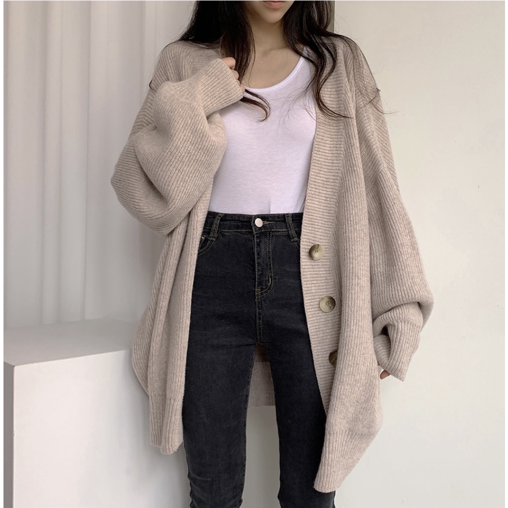 Phong cách hàn quốc của phụ nữ giản dị và lười biếng phong cách v-cổ đơn ngực lỏng lẻo lantern tay áo len đan len cardigan cho phụ nữ