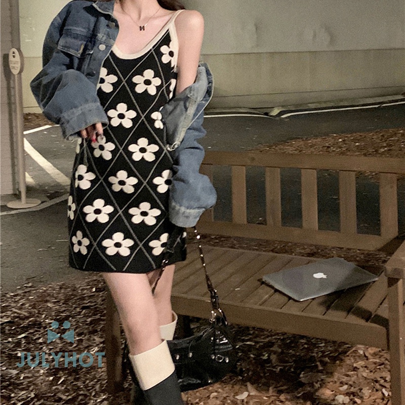 Mát retro dây đeo hoa mini Đầm nữ dệt kim không tay giản dị mùa hè Dresses VN