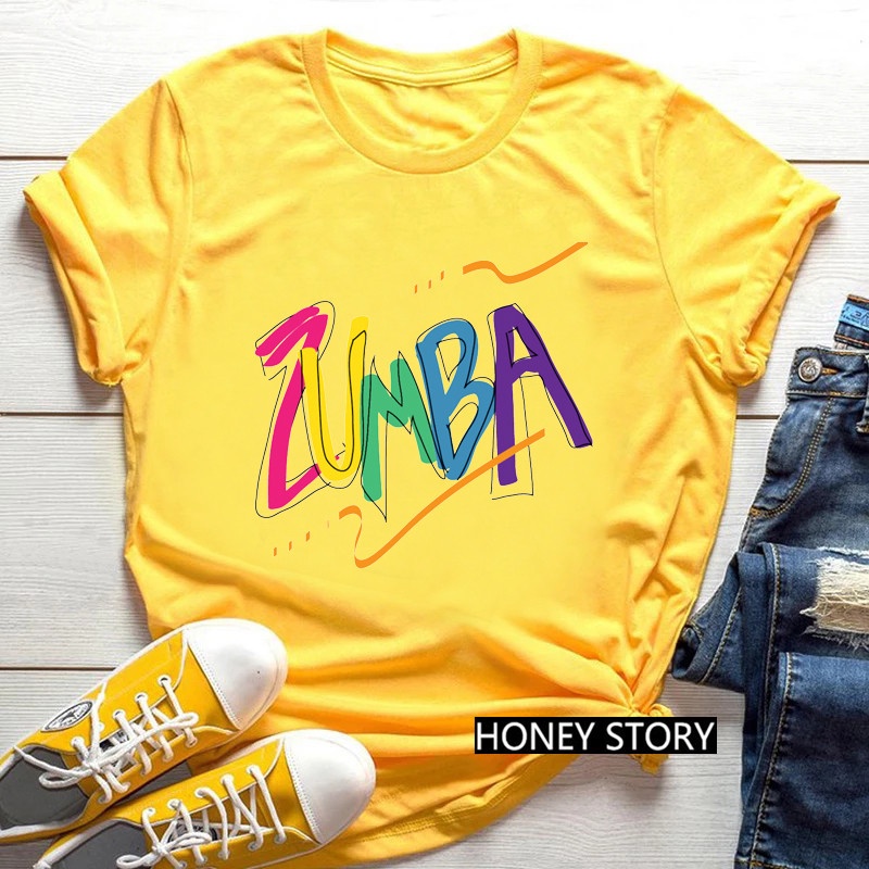 Zumba Khiêu Vũ Màu Nước In Áo Thun Nữ Màu Vàng Thời Trang Nữ Hip Hop Đường Phố Tay Ngắn Instagram Siêu Nóng Bé Gái Áo Phông