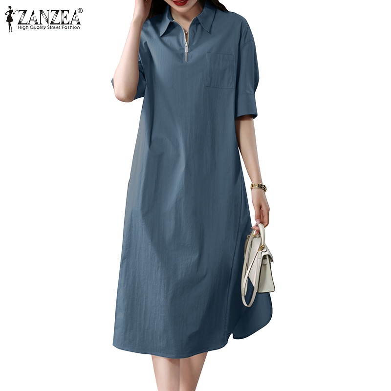 ZANZEA Đầm Cổ Polo Tay Lửng Dáng Rộng Phong Cách Hàn Quốc Thời Trang Cho Nữ