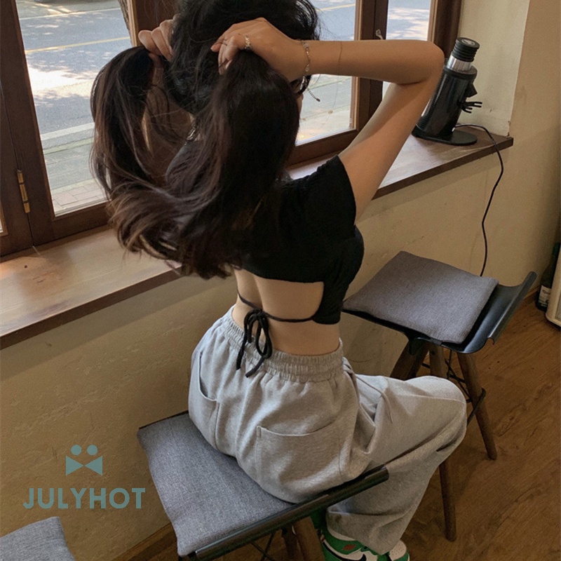 Mát mùa hè sexy backless ren-up Ngắn Tay Áo T-shirt phụ nữ rắn màu vòng cổ mỏng Crop Top VN