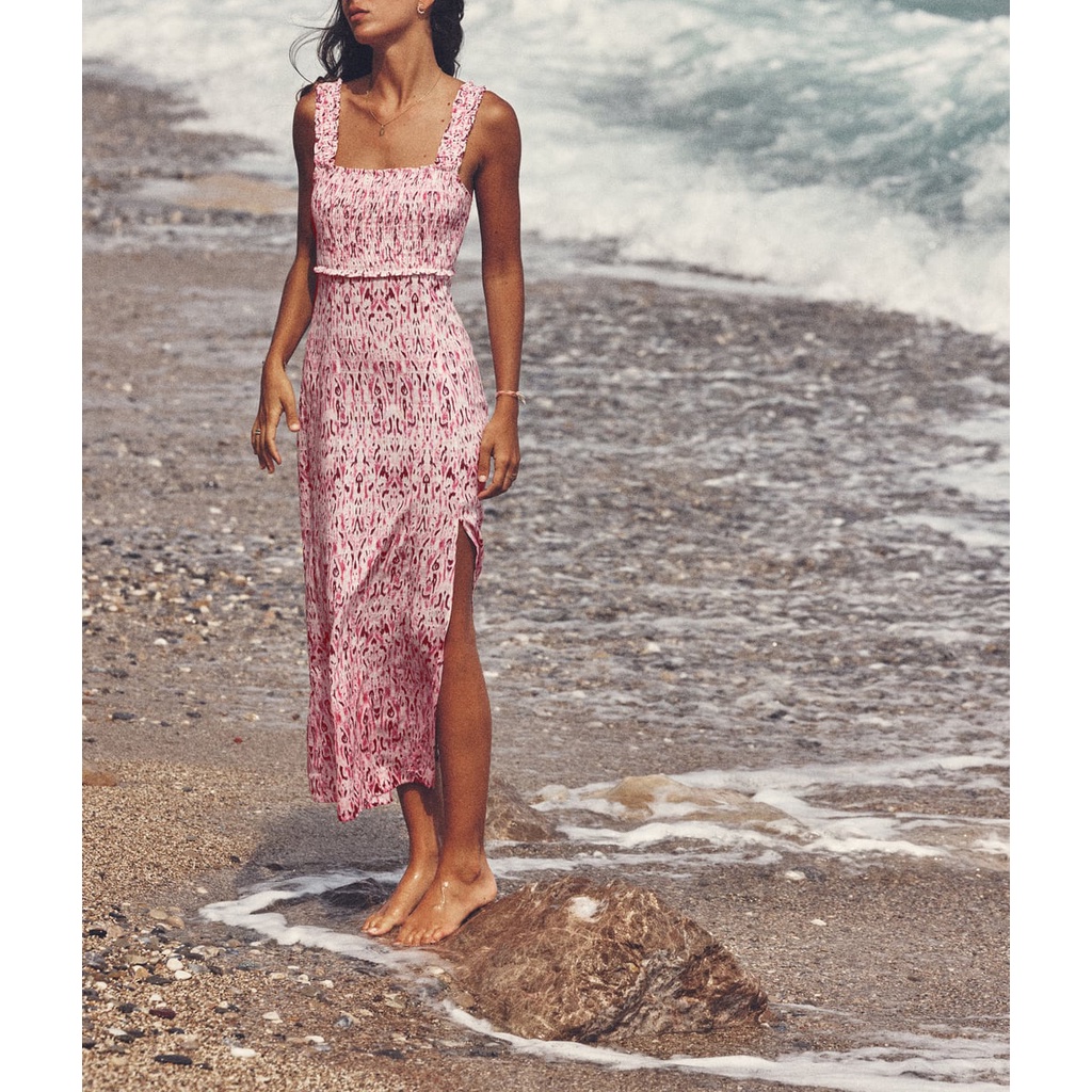 Zara Mùa Hè Váy Vải Lanh Mới In Họa Tiết 7887618