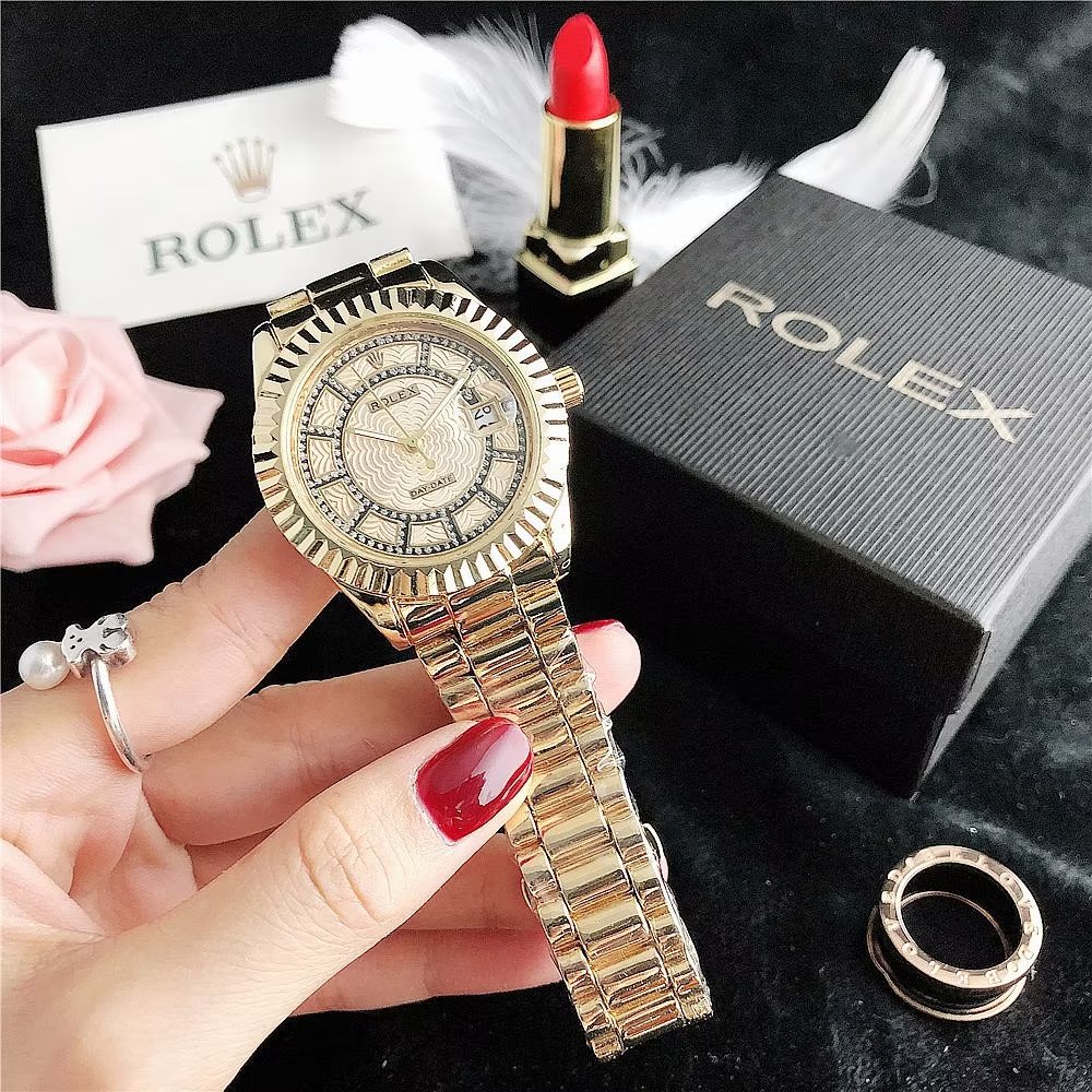 Đồng Hồ Rolex Mặt Tròn Đính Kim Cương Dây Da Thép Không Gỉ Thời Trang Cho Cặp Đôi