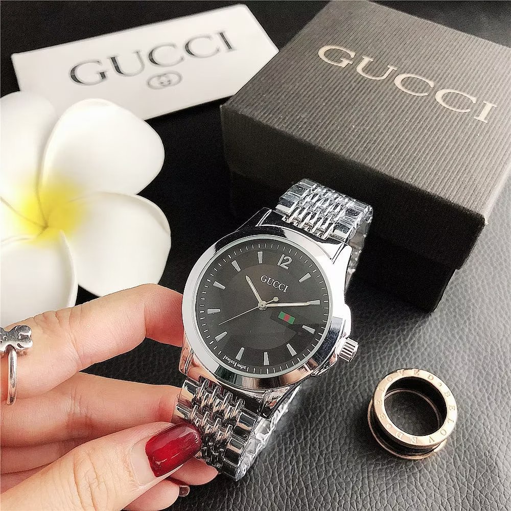 Đồng hồ đôi Mặt Tròn Họa Tiết Gucci Dây Da Thép Không Gỉ Thời Trang Cho Nam Và Nữ