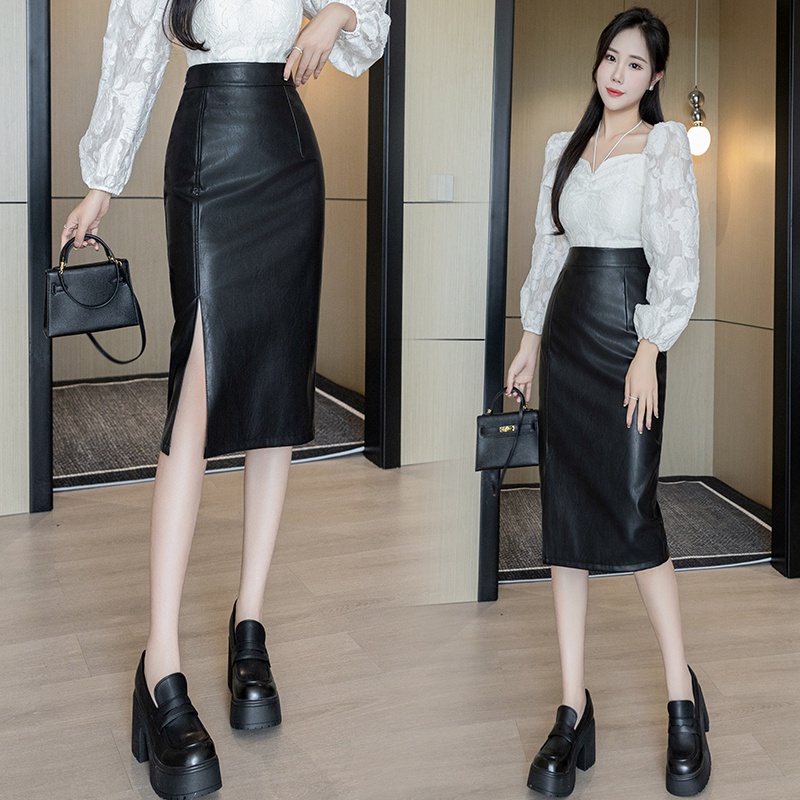 Chân Váy Da PU Xẻ Tà Trước Thời Trang Quyến Rũ Cho Nữ