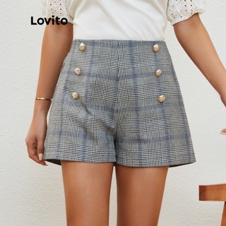 Lovito quần short nút kẻ sọc caro l20d199