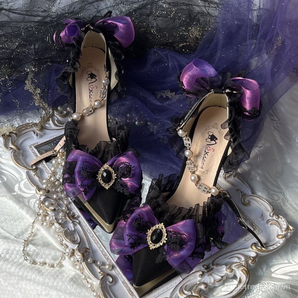 Worry-giày Cưới Lolita Cao Gót Đính Hoa Thủ Công Màu Tối Phong Cách Gothic Mùa Hè Cho Nữ Miaojiang