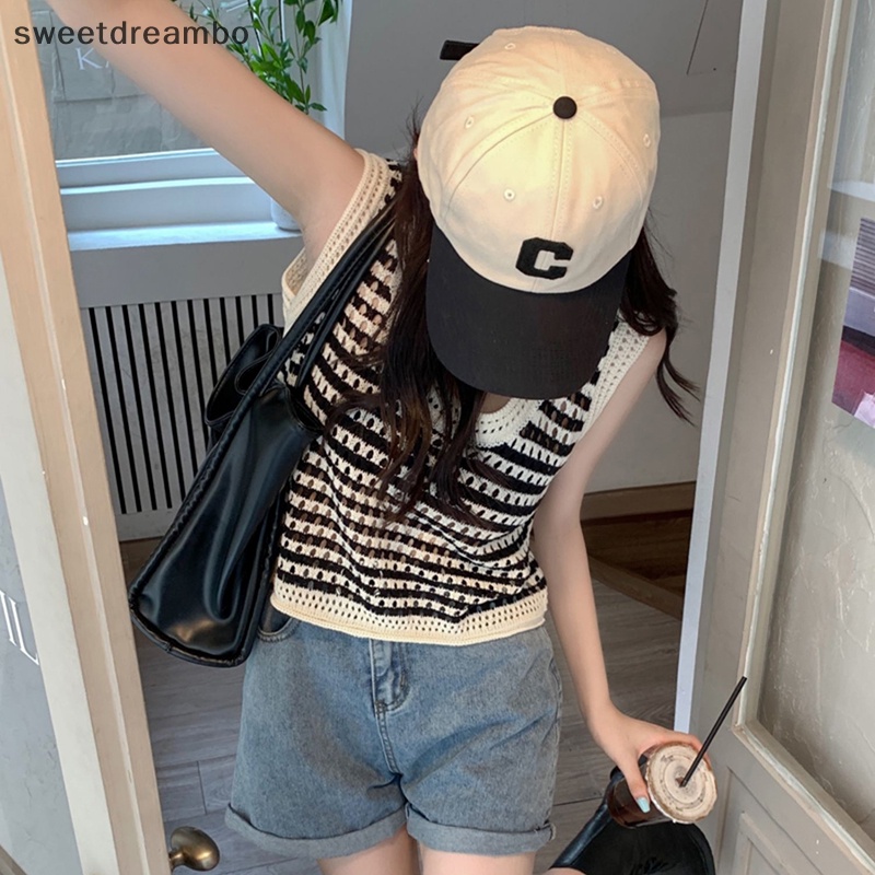 Áo hai dây dáng rộng không tay mùa hè cho nữ, áo hai dây dệt kim khoét lỗ sọc mùa hè