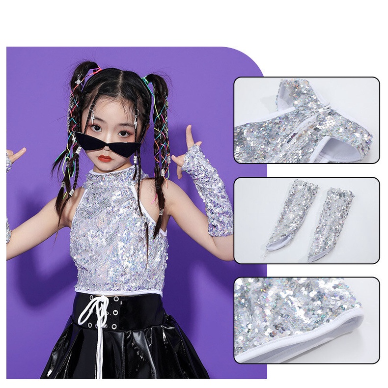 Trẻ em cô gái sequin trang phục phù hợp với vest không tay trên cùng với cuff váy da đen long lanh trang phục trẻ em hiphop jazz quần áo khiêu vũ đường phố hiện đại