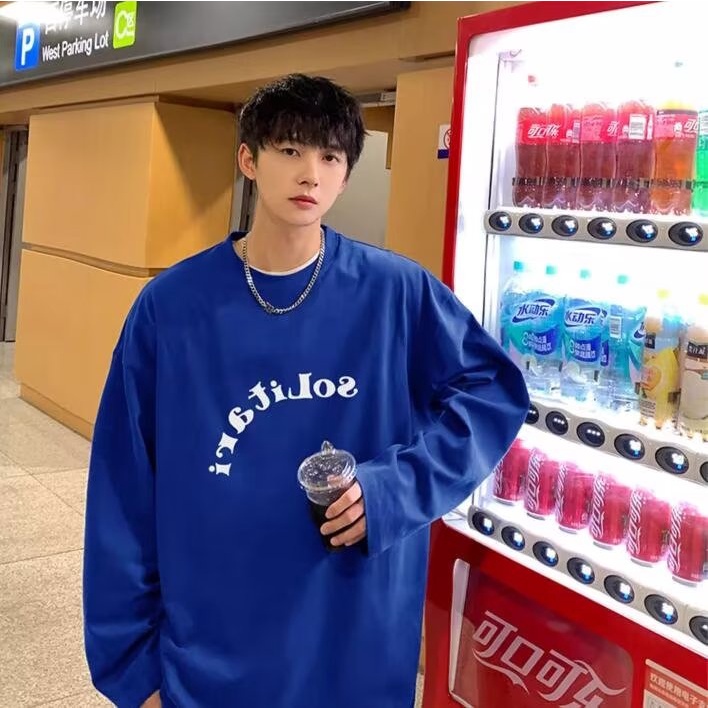 Áo Thun Tay Dài Cổ Tròn Dáng Rộng Phong Cách Retro Mỹ Thời Trang Cao Cấp Cho Nam