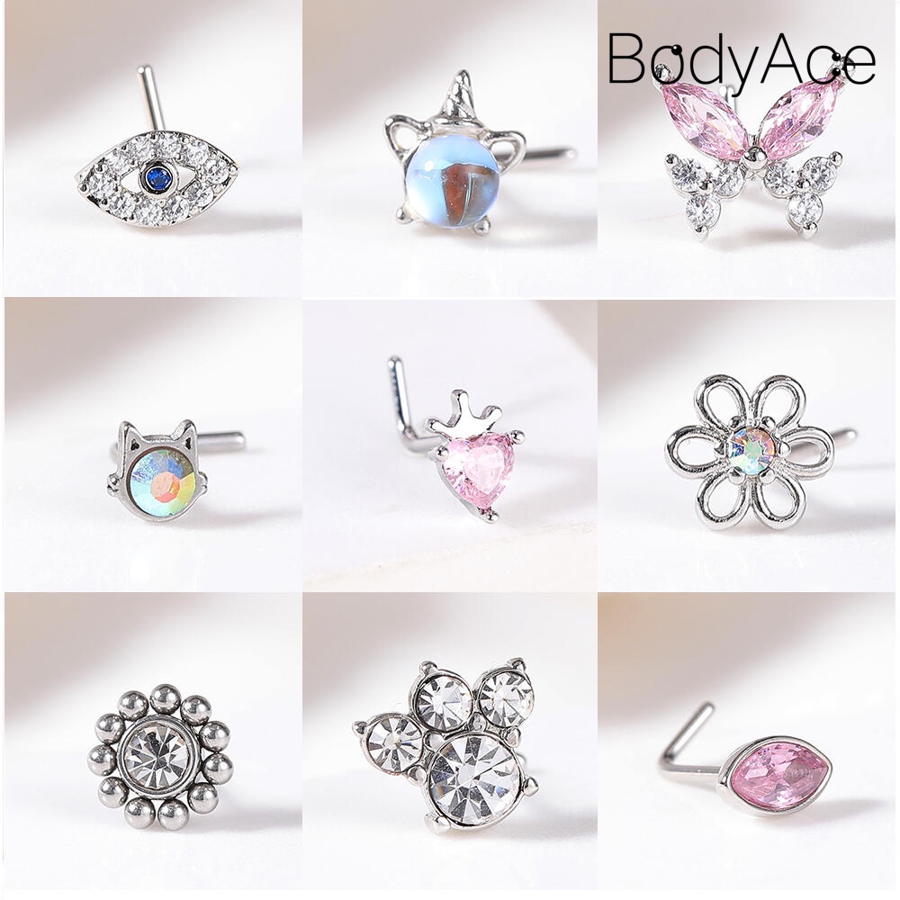 Bodyace 1pc 20g đinh tán mũi bằng thép không gỉ hình dạng l khuyên lỗ mũi pha lê khuyên mũi hình bướm hình dạng hoa đinh tán mũi