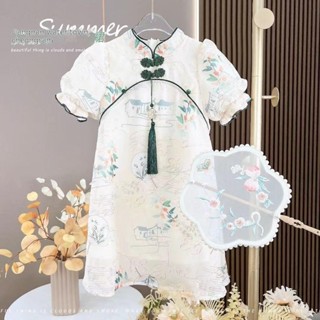 Pippikids-girls Sườn Xám Mùa Hè 2025 Phong Cách Mới Quần Áo Trẻ Em Bé Gái Váy Hanfu Cổ
