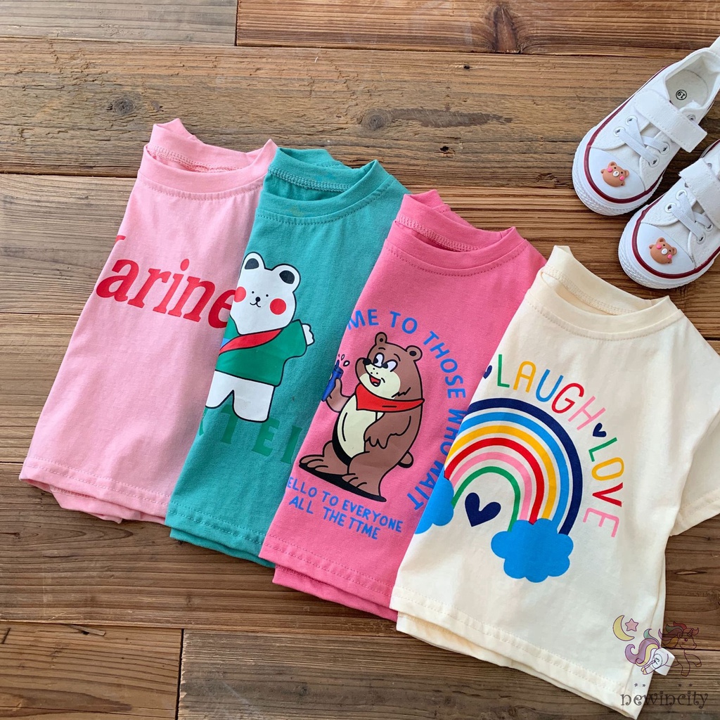 Trẻ em hàn quốc cô gái phim hoạt hình cầu vồng in áo t-shirt ngắn tay