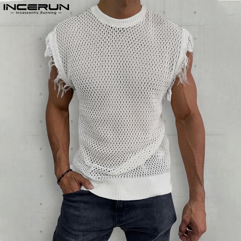 Áo INCERUN vải lưới cổ tròn không tay viền chắp vá thời trang cổ điển dành cho nam