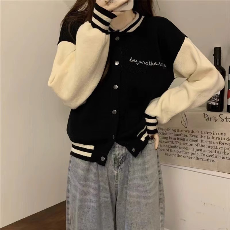 Áo khoác bóng chày hàn quốc của phụ nữ màu tương phản khâu chữ áo khoác bóng chày