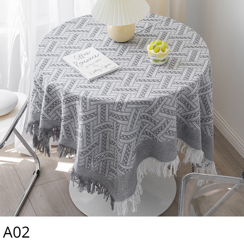 Khăn Trải Bàn Vuông / Tròn Bằng Vải Lanh cotton Phối Tua Rua Trang Trí Bàn Ăn Tối 2 / 4 / 6 / 8